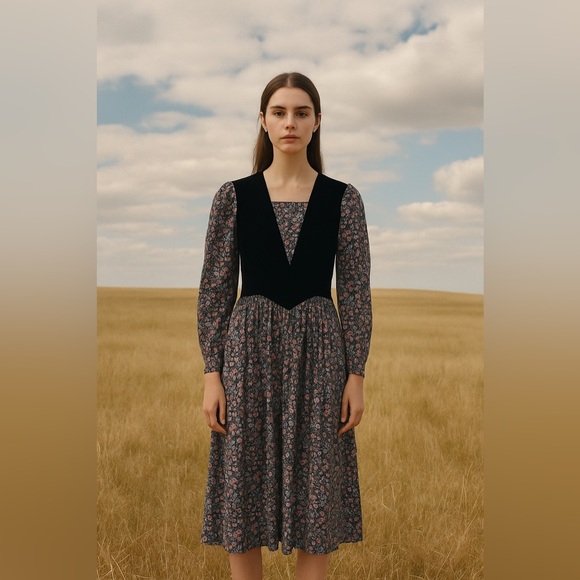 GUNNE SAX Vintage Floral Print Midi Dress Velveteen Bodice Floral Black Blue - Picture 1 of 11